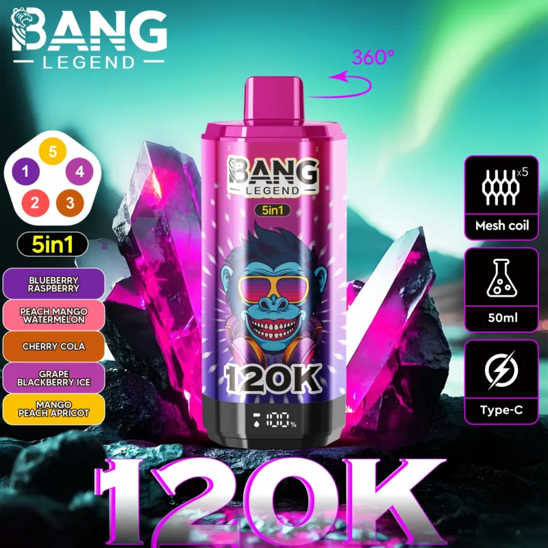 Puff 120k Bang Legend engångsvape: blåbär, hallon, persika, mango, vattenmelon, körsbär, cola, druva, björnbär, is, aprikos.jp