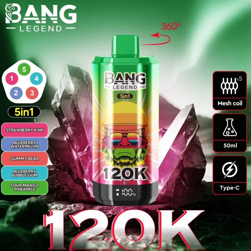 Puff 120k Bang Legend Einweg Vape Strawberry Kiwi Blueberry Watermelon Bear Fudge Bubble Gum Sour Mango Pineapple.jpg Di