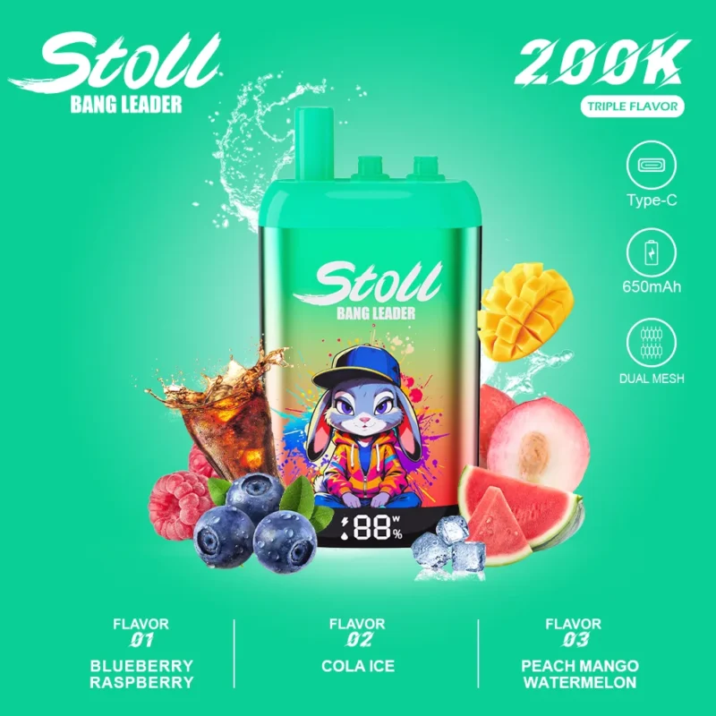 Stoll Bang Leader 200k Puffs Disposable Vape, 3-in-1 Flavors: Blueberry, Raspberry, Cola, Ice Peach, Mango, Watermelon, Disposable D