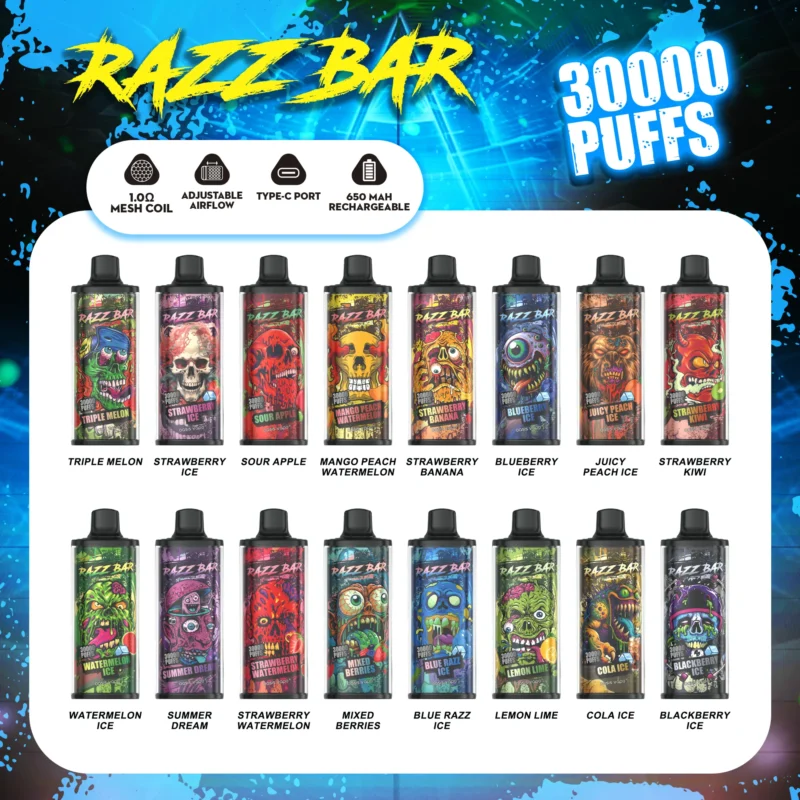 Razz Bar 30 000 bouffées – Liste des saveurs – Cigarette électronique jetable