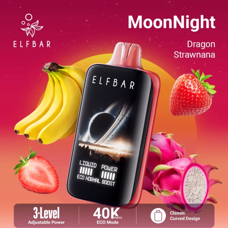 Acevape Elfbar Moonnight 40,000 Puffs Disposable Vape Dragon Fruit, Strawberry, Banana Flavors on Display, EU Warehouse