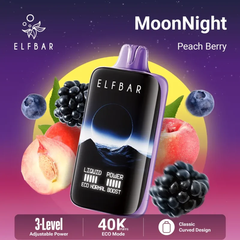 Acevape Elfbar Moonnight 40,000 Puffs Disposable Vape, Peach Berry Flavor, Display, EU Warehouse