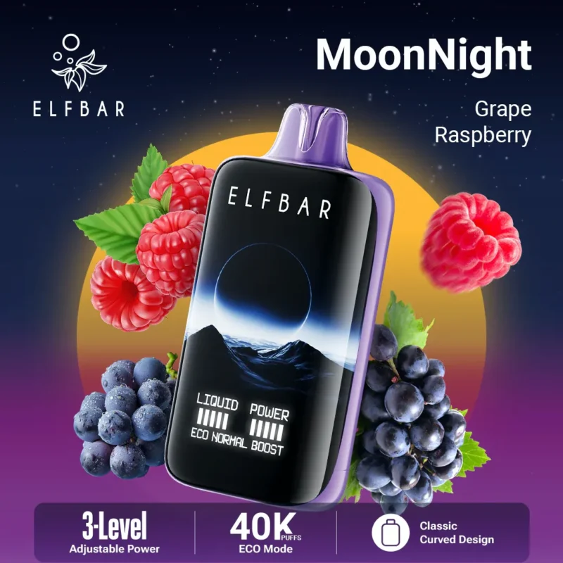 Acevape Elfbar Moonnight 40,000 Puffs Disposable Vape Grape-Raspberry Flavor Display EU Warehouse